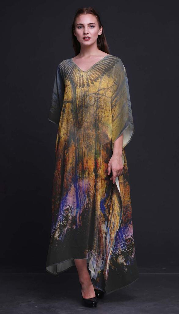 Phagun Owl Jungle Long Caftan Maxi Dress Beach Swimwear Cover Up Womens