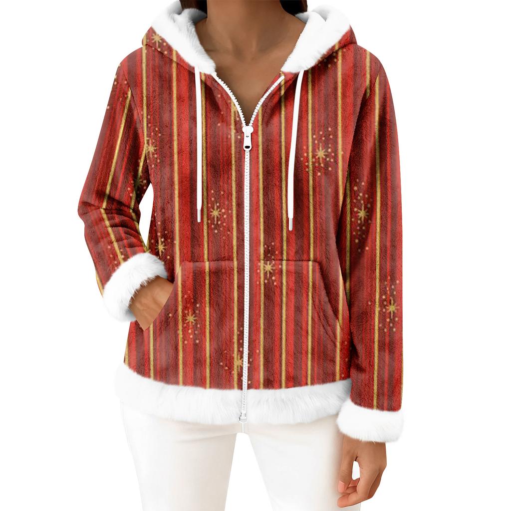 Damen Freizeitmode Langärmiger Fleece-Kapuzen-Cardigan mit Reißverschluss