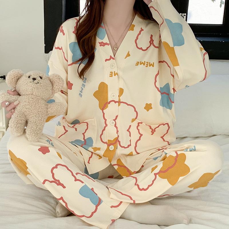 Girls' Cotton Kimono Pajama Set - Long-Sleeve Cardigan & Trousers with Cute Cartoon Design for Spring and Autumn