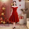 French High-end One-word Shoulder Red Small Evening Dress Medium and Long Sweet Little Wedding Toast Dress Skirt Women