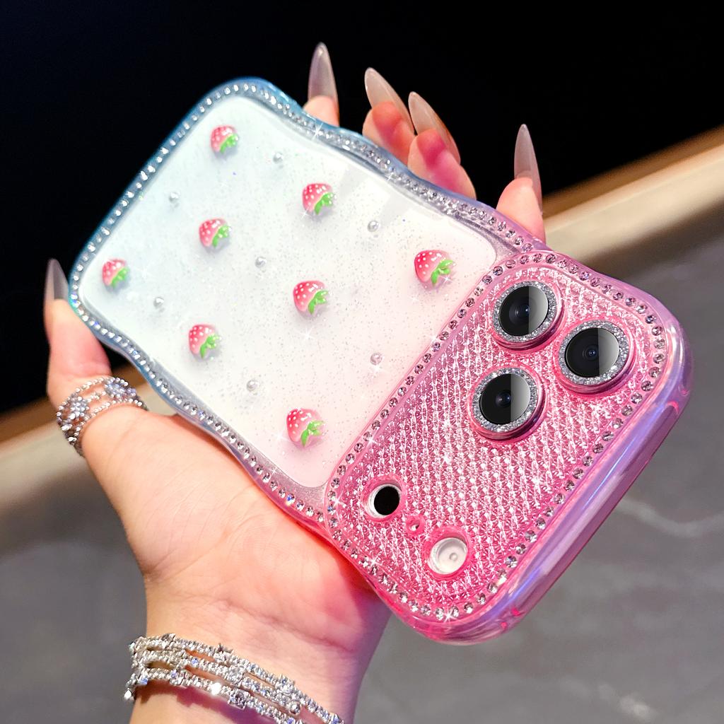Glitter Cherry Gradient Colorful Flash Lens Film Protect Case for 17 Air 16 15 14 Plus 13 Pro Max Wavy Curly Edge Diamond Cover