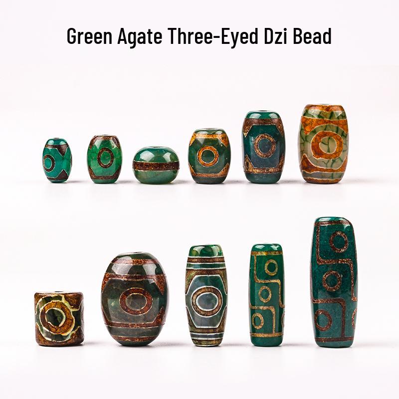 Green Agate Three-Eyed Nine-Eyed Dzi Beads Handmade Retro Necklace Accessories.