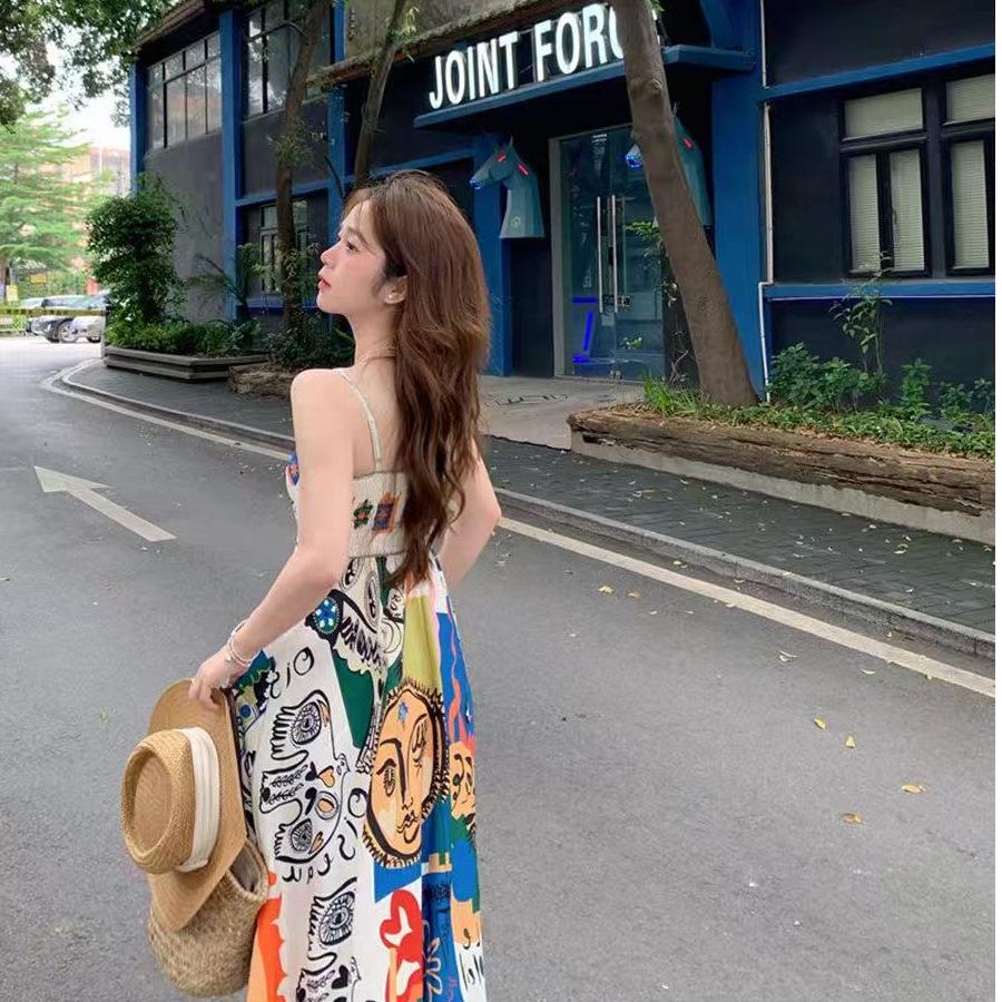 Retro Ethnic Spaghetti Strap Graffiti Print Summer Beach Dress