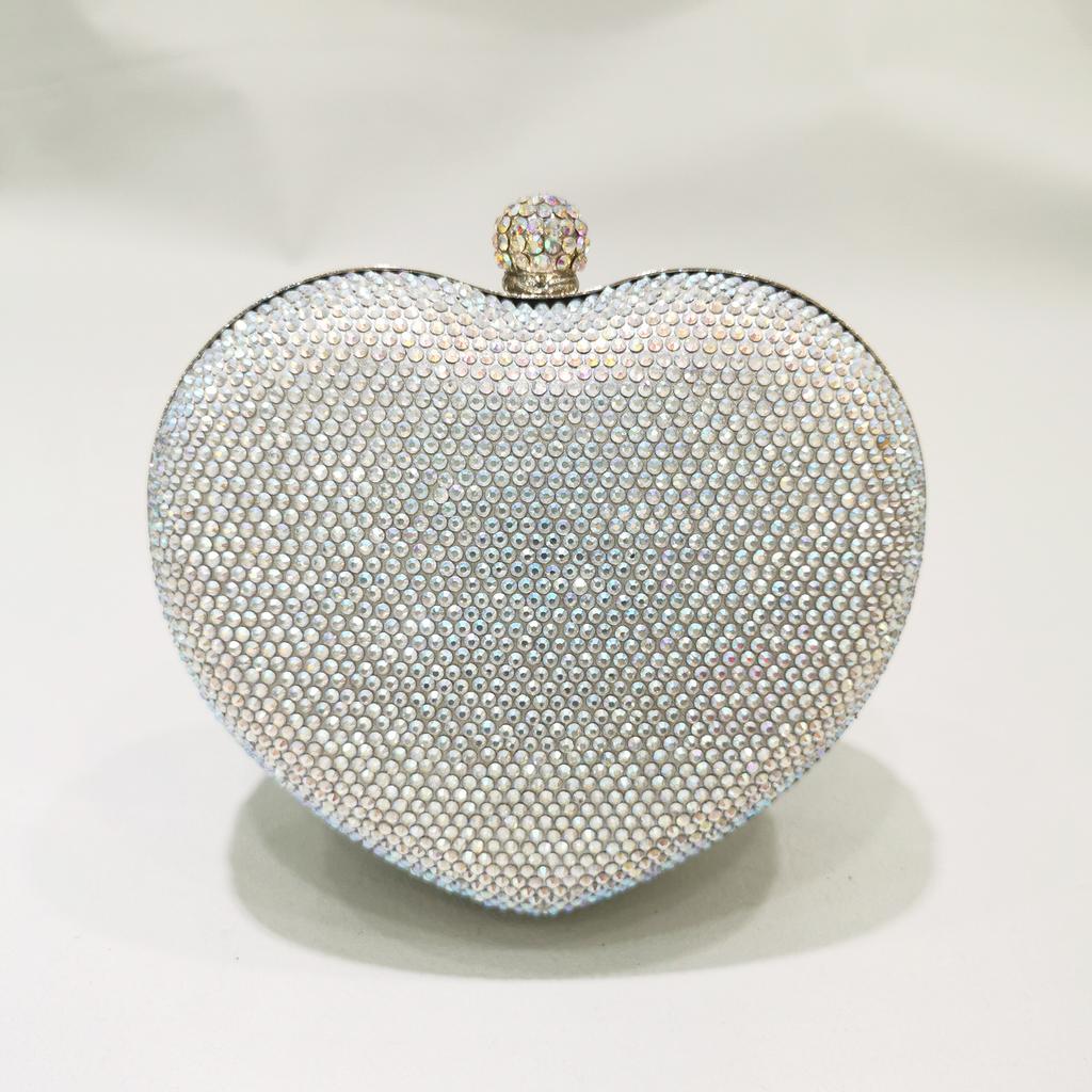 WHTUOHENG Red/Silver Heart Shape Mini Purse for Women Crystal Embellished Diamond Bridal Clutch Luxury Party Dinner Lady Handbag