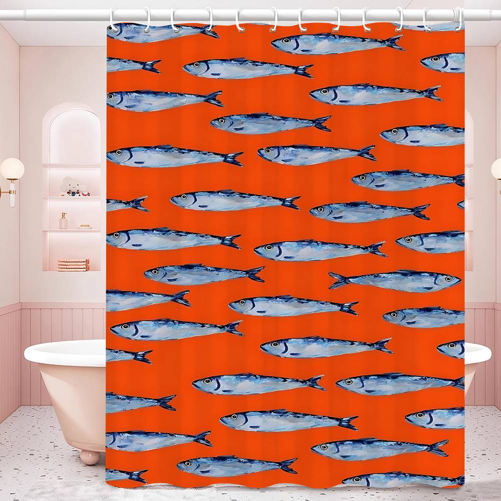 Colorful Sardine Lobster Fish Ocean Bathroom Curtain Classic Anime Fabric Shower Curtain With 12 Hooks Waterproof Bathroom Decor