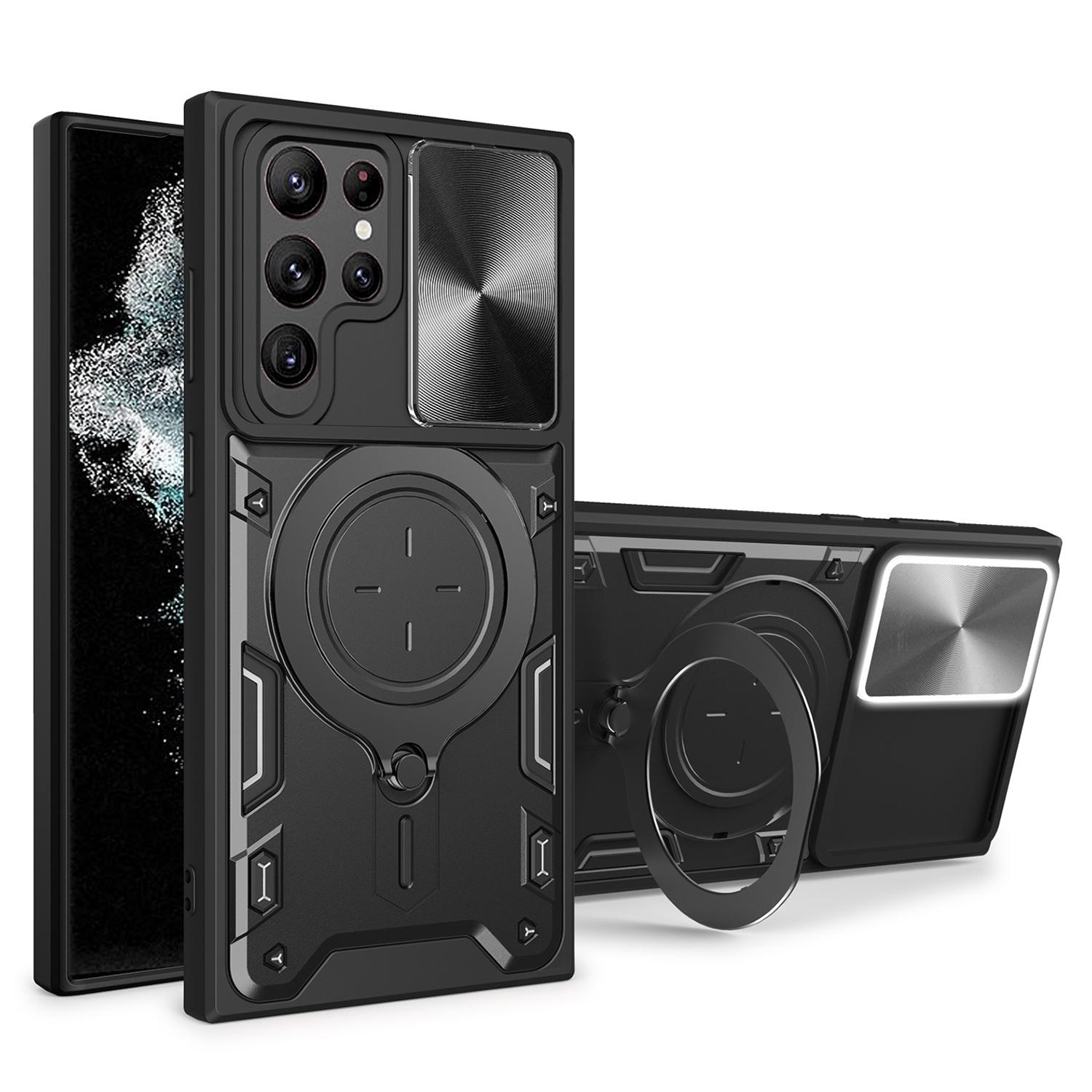 

Для Samsung Galaxy S22 Ultra 5G Вращающаяся подставка Чехол для телефона Ударопрочная PC+TPU накладка со сдвижной крышкой камеры Black