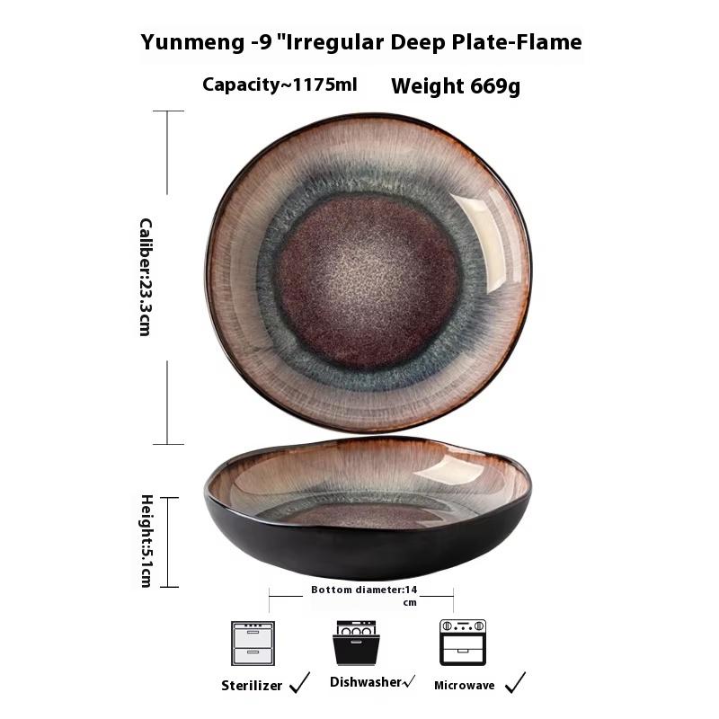 9-inch Irregular Ceramic Dishes Vintage Pasta Dish Ceramic Dishes Household Salad Plate Kitchen Soup Plate Ceramic Dishes 9 inches пламенный