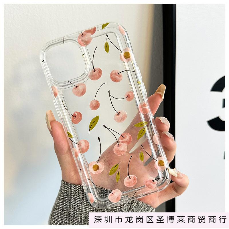 Pink cherry is suitable for iPhone15promax mobile phone case, transparent and simple Apple 14 anti-drop soft case, new 13.