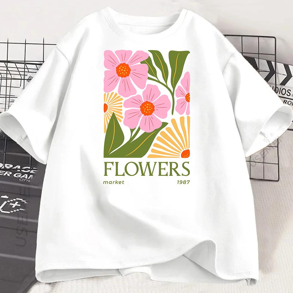 Flower Print Unisex Crew Neck Short Sleeve Unisexs Graphic Tshirt Stylish Comfortable Casual Unisex Top Trendy T Shirt Unisex