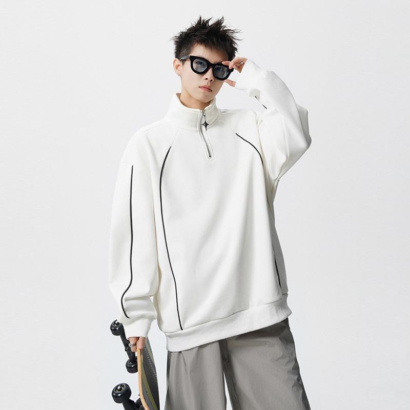 Men's 2025 Spring/Autumn Striped Color Block Half-Zip High-Neck Hoodie - Trendy Loose Heavyweight Top