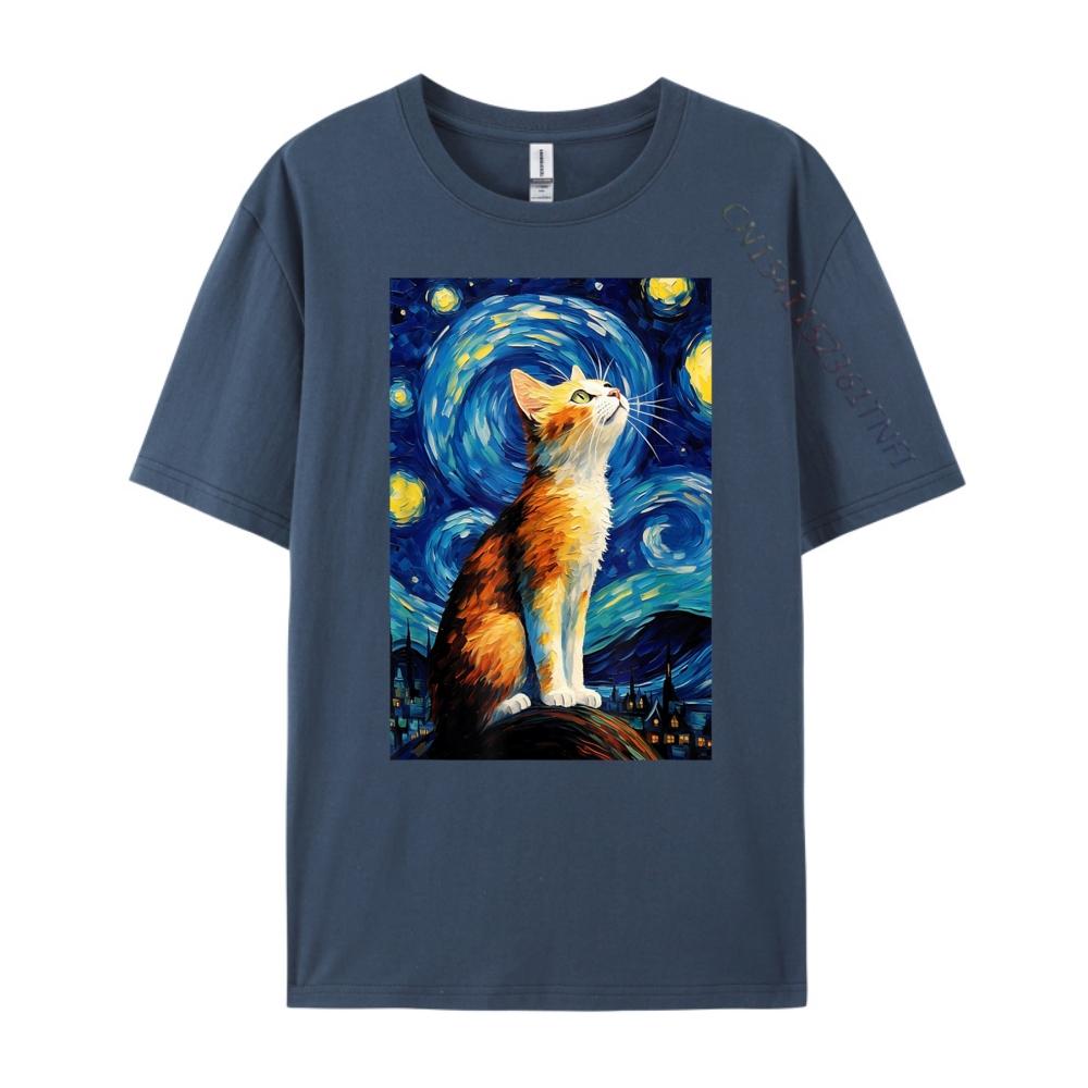 

Cute Cat Van Gogh Style Starry Night Vintage T Shirts Mens Shirts T Shirt Letter Graphic Cotton Short Sleeve 4XL
