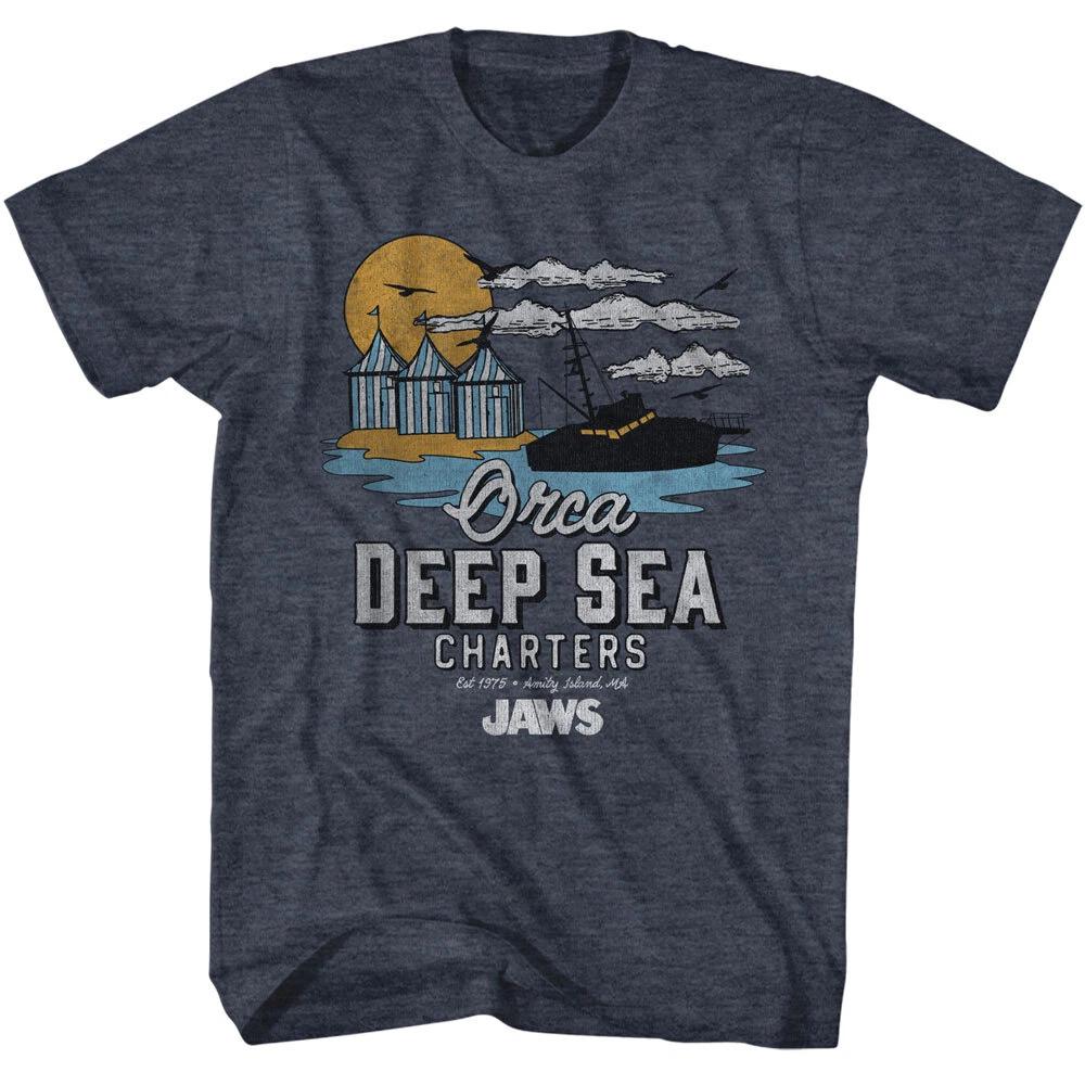Jaws 70 s Thriller Movie Orca Deep Sea Charter Est 75 Amity Island Men s T Shirt L