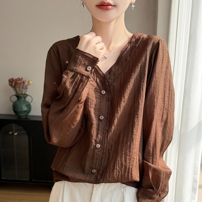 Spring and Summer New Style V-Neck Shirt Blazer Long-Sleeved Women's Solid Color Lightweight Loose-Fitting Versatile Top Shirt
