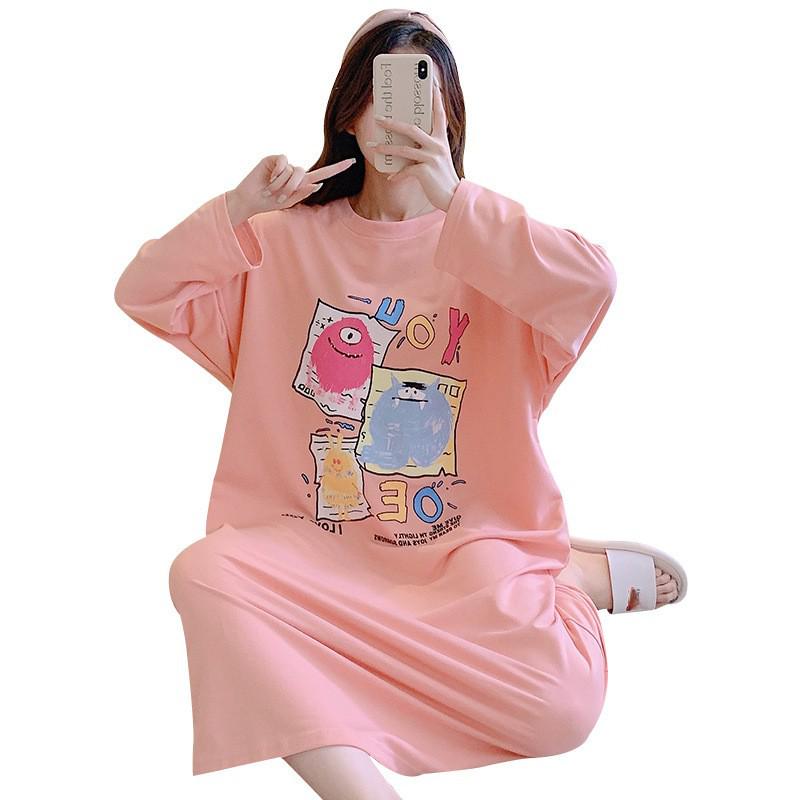 Pijamas bonitos de manga larga para mujer - Primavera/Otoño, Talla grande (Hasta 300 libras), Camisón de Largo Medio