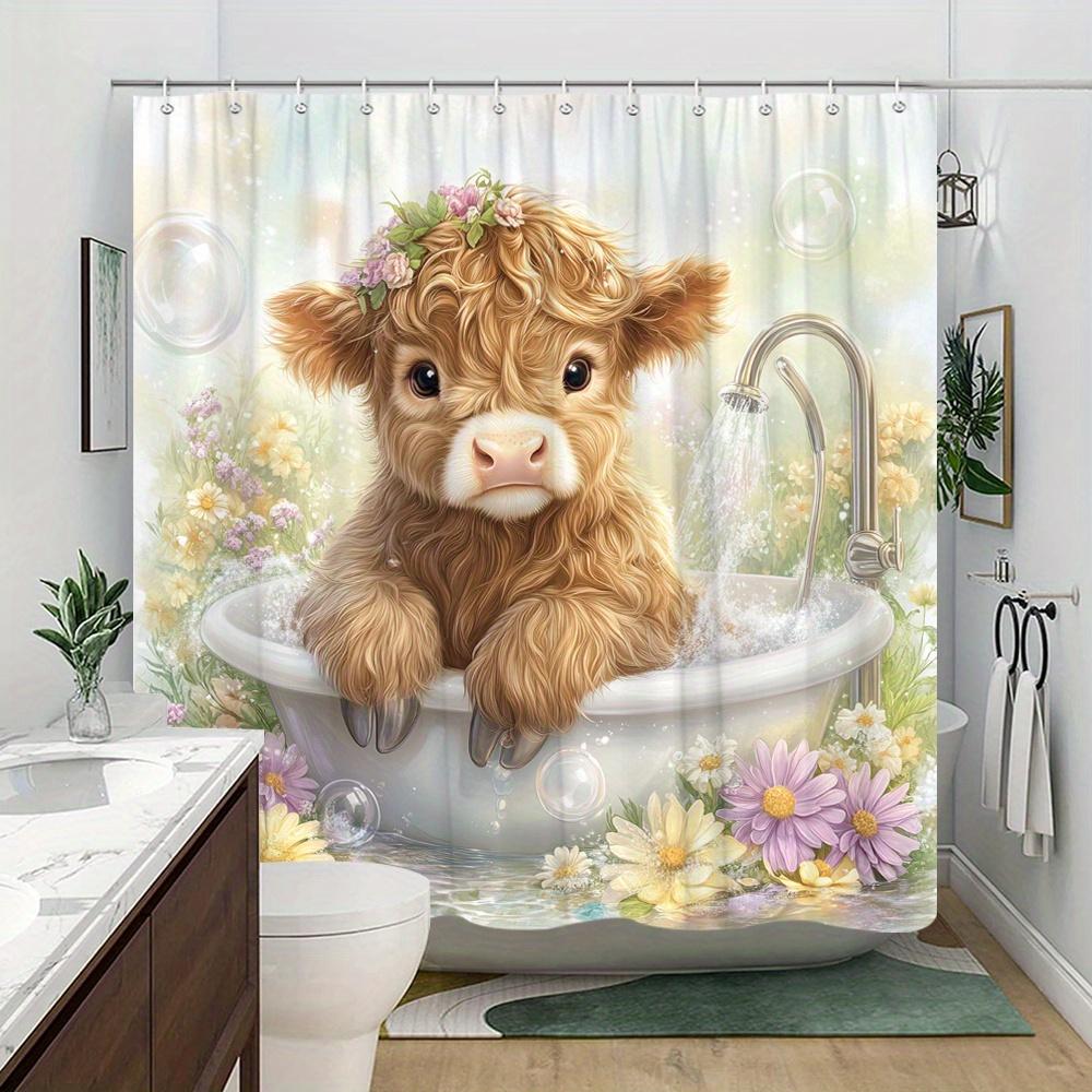 Cute Baby Cow In Bathtub Shower Curtain Waterproof Easy To Clean Privacy Protection Print Floral Farm Animal Design Quick Setup