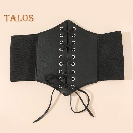 Women Lace-up Corset Wide Elastic Waist Belt Faux Leather Slimming Body Waistband Dress Shirt Decoration