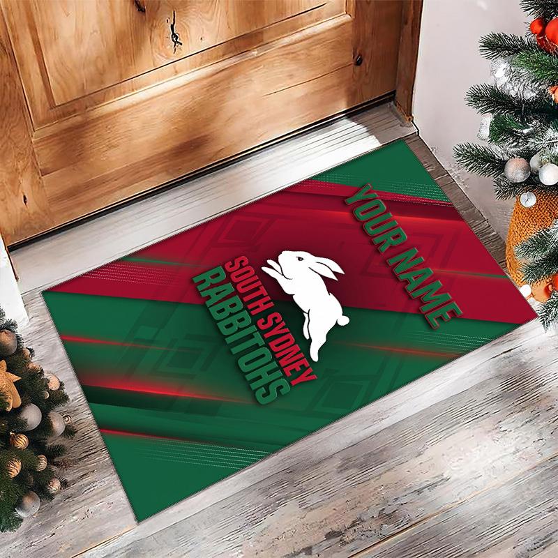 South Sydney Rabbitohs Crystal Velvet Rug, Custom Name Text Personalized Non‑Slip Floor Mat for Home Decor Gift