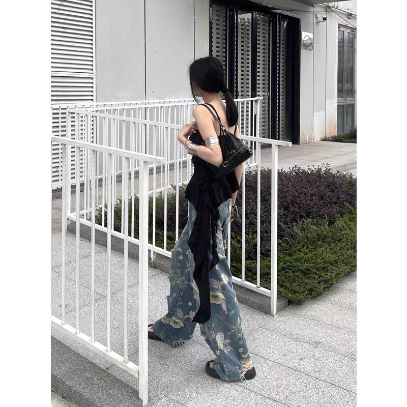 2025 Vintage Print Ripped Wide-Leg Jeans for Women - Spring/Autumn Loose Fit, Straight-Leg Floor-Length