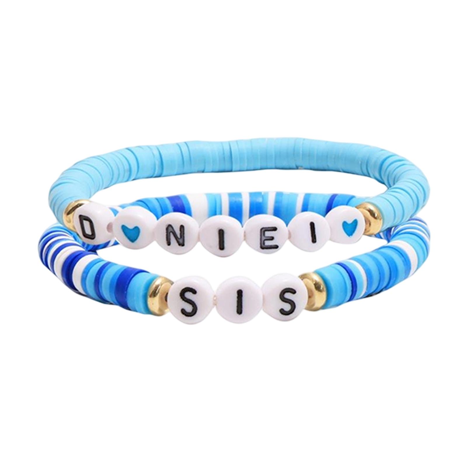 2pcs Cartoon Beaded Stretch Bracelets Kids Adjustable Letter Beads Elastic Wristbands Handmade Jewelry Accessories for Children Teens One Size синий