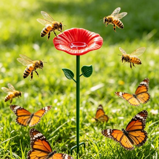 Flower Hummingbird Water Feeder Metal Garden Post Bee Watering Station And Butterfly Waterer Outdoor Bird Bath for Pollinators Garden Decor