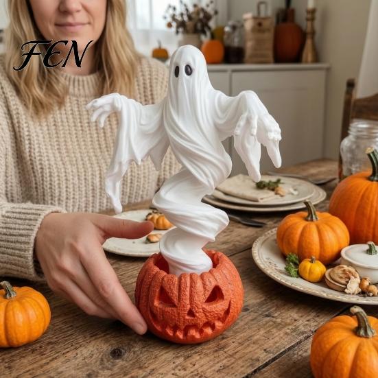 Decorative Figurine for Halloween Swirling Ghost Pumpkin Yard Lamp, Lighted Spooky Statue, Warm LED Outdoor Tabletop Statue Decor, Fall Autumn Garden