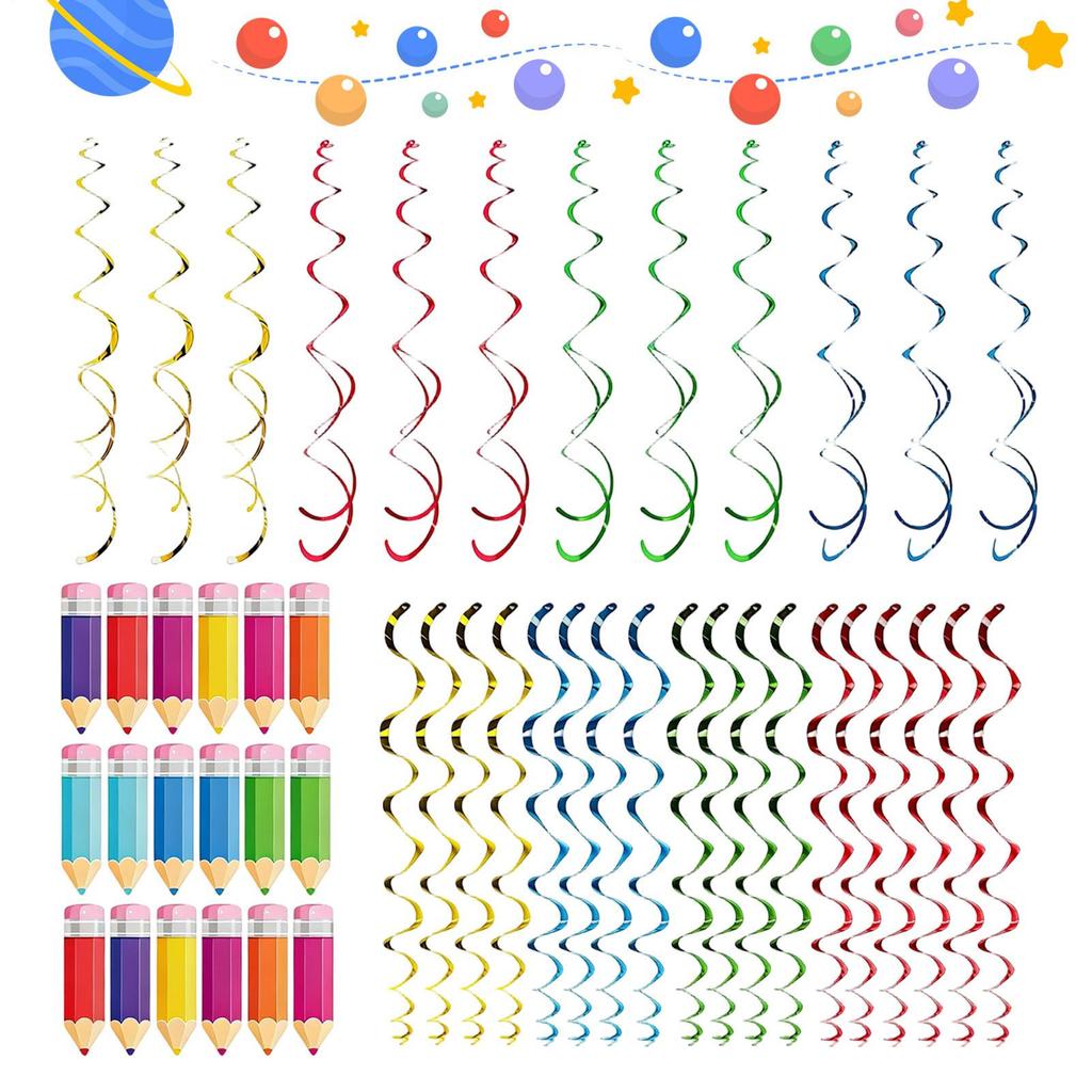 48pcs Colourful Paper Pencil Streamers Pvc Spiral Decoration Spiral Banner Party Ceiling Hanging Ornaments For School Home Kid