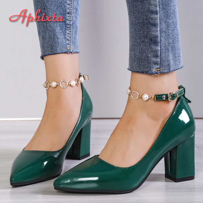 Fashion Aphixta 2024New Luxury Rhinestone Pearl Chain 7cm Chunky Heels Pumps Women Shoes String Bead Pointed Toe Bling Crystals Pumps