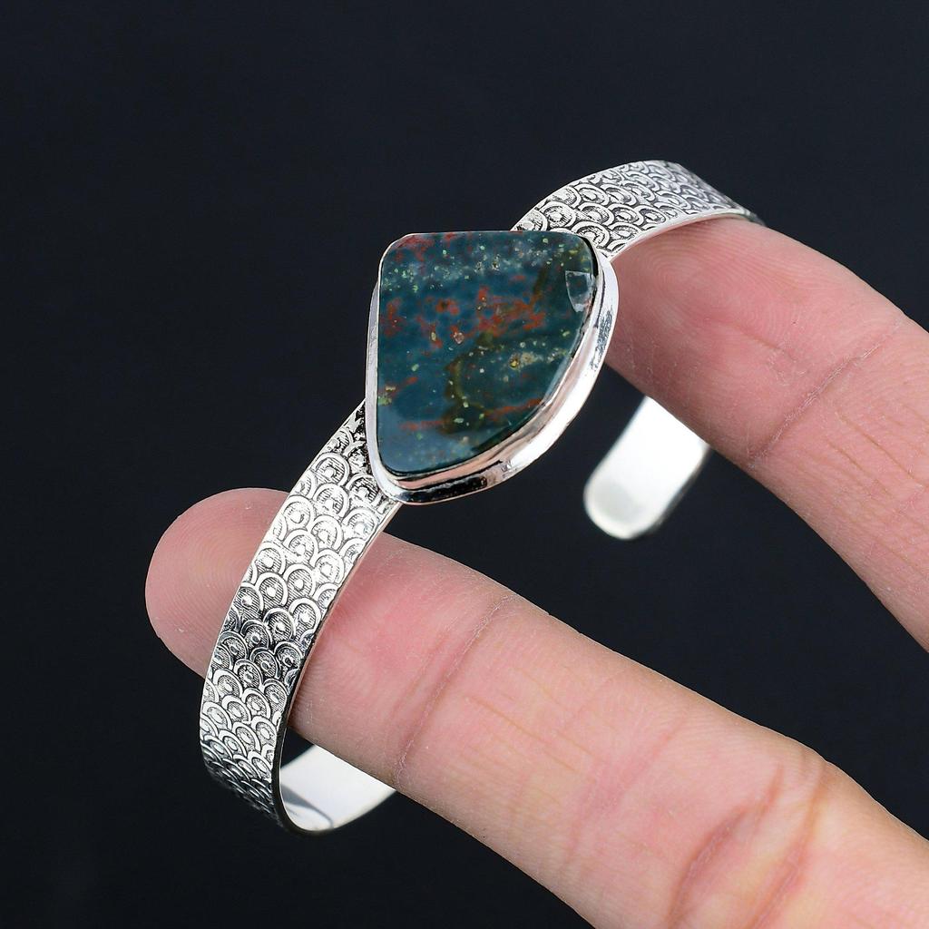 925 Silver March Birth Trillion Bloodstone Stone Handcrafted Artisan Boho Bangle