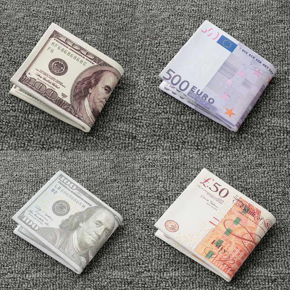 Moda Erkek Kadın Kısa Cüzdan PU Deri Dolar Sterlin Euro Baskılı Katlanır  Kimlik Kredi Kartı Tutucu Kılıf