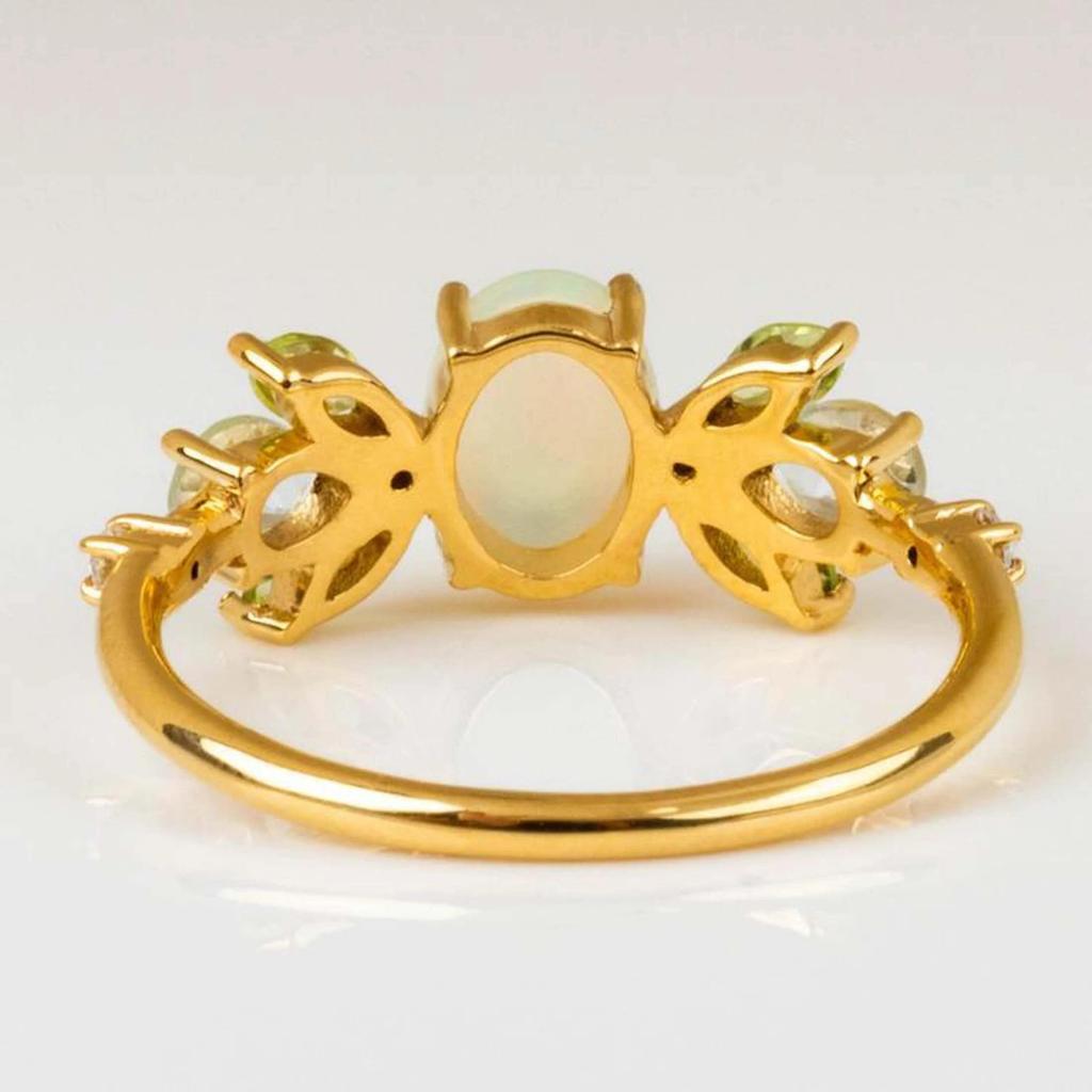 Oval Opal Gemstone Ring – Nature Inspired Gold Plated Ring with Peridot & Aquamarine Accents, Boho Vintage Engagement Jewelry Gift for Women