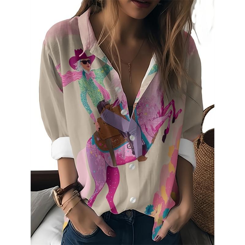 Spring And Summer Women's Large Size Lapel Shirt Abstract Pattern Printed Shirt Daily Casual Long Sleeve Shirt Fashion Women's