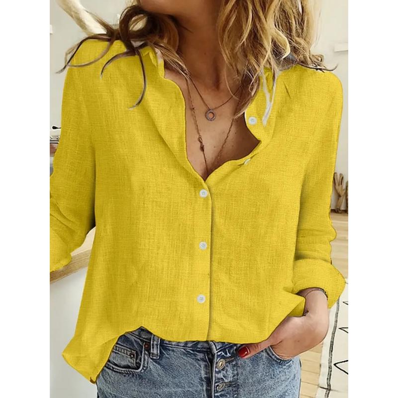 Women's Spring Summer Linen Blouse Solid Color Long Sleeve Button Down Lapel Casual Commuter Loose Fit Shirt Top