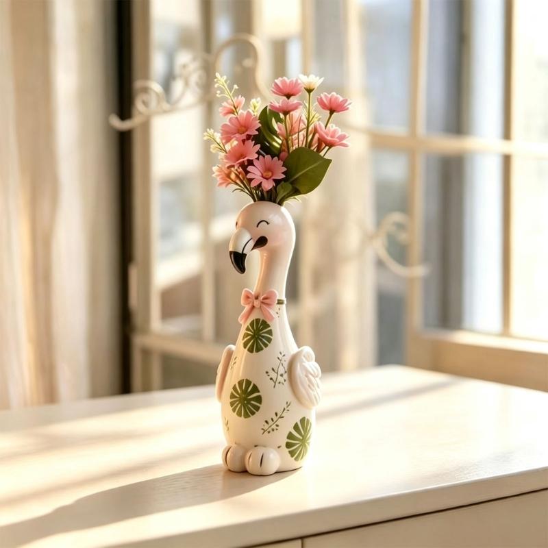 Cartoon Flamingo Decorative Vases In Resin, Whimsical Long Neck Bird Figurine for Styling Shelves, Desks, and Nightstands Displays