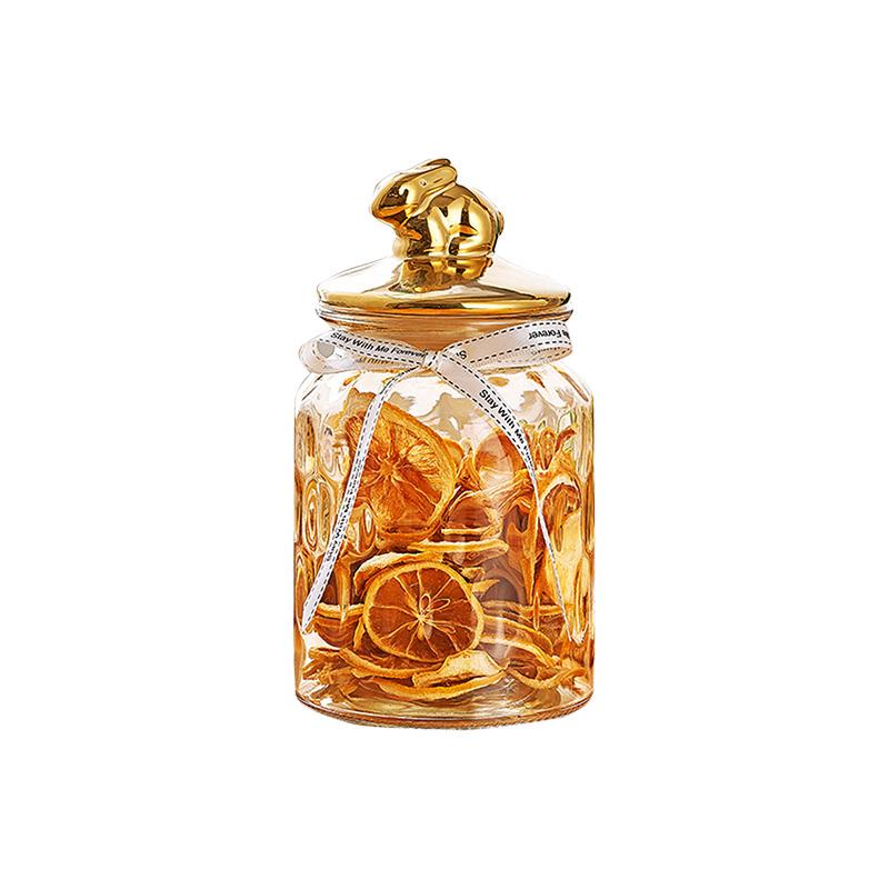 Creative Amber Clear Glass Jar Gold Bunny Glass Bottle Candy Oatmeal Storage Jar Kitchen Seal Food Container Home Decoration