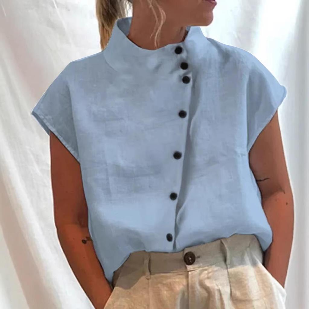 Camisa Casual de Algodón y Lino para Mujer Primavera/Verano 2026 con Cuello Mao y Manga Corta - Cómoda y en Stock