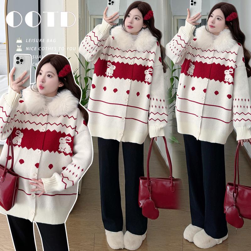Chic Korean Style Winter Knit Cardigan with Fur Collar + Base Layer Top + Pants: Trendy Mom 3-Piece Set L