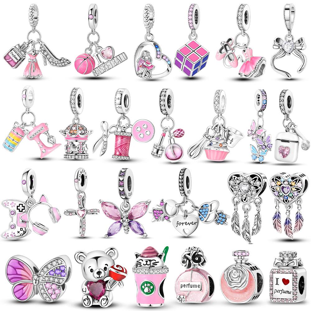 Copper Charm Fit Original Pink Pendant Charm Bracelet Necklace Women Beads Diy Jewerlry Accessories Fine Gift