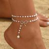 2Pcs Layered Bow Pearl Anklets for Women Gold Dainty Tassel Hypoallergenic Summer Beach Vacation Jewelry Gift