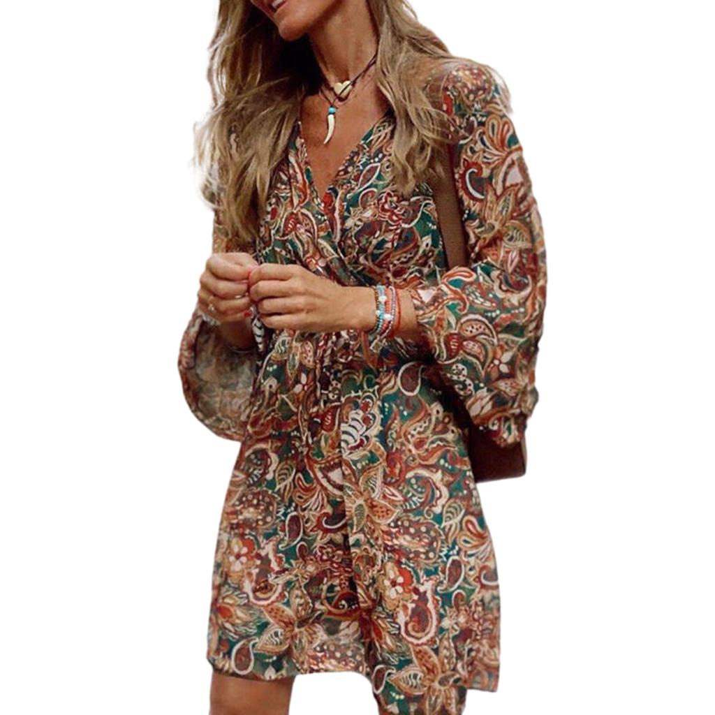 Women Mini Dress V Neck Mid Waist Colorful Floral Print Loose Three Quarter Sleeves Split Hem Above Knee Length Female Dating Party Dress