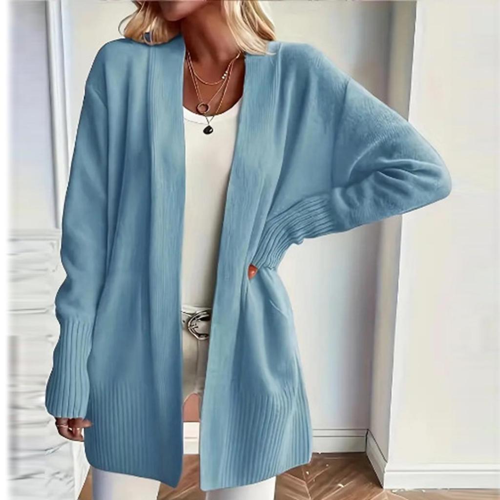 Women's Long Sleeved Solid Color Medium Length Knitted Cardigan Jacket Sweater Knitted Sweater