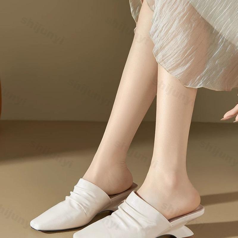 Fashion 2025 Summer New Elegant Square Head Casual Muller Slippers for Women's Comfortable Wedge Heeled Half Drags Fashion Beach Sandals