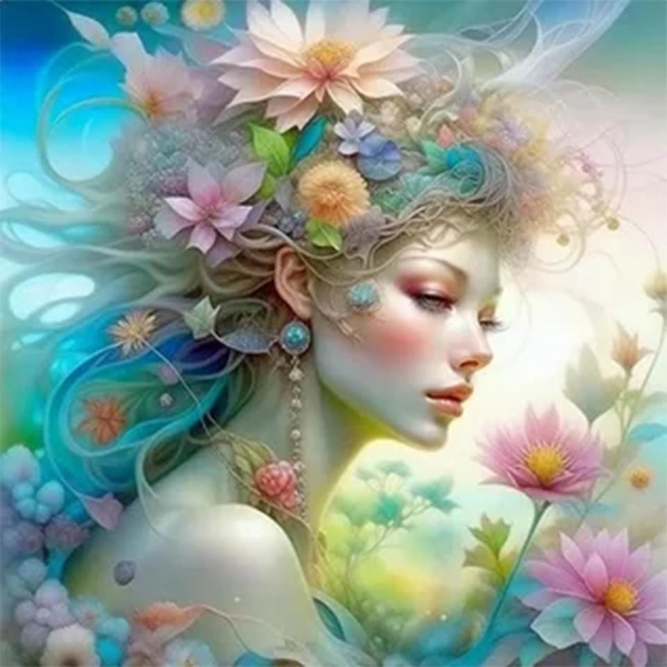 5D DIY Cartoon Square Diamond Painting Kit Woman And Flower Cross Embroidery Handmade Renovation Mosaic Art Gift 2024 New