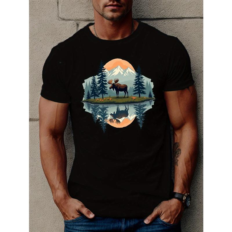

European sizes Men S Casual Crew Neck T-Shirt, Moose with Mirrored Wilderness Scene Graphic, Slight Stretch Fabric, Summer Short Sleeve Top for Adults 4XL чорний