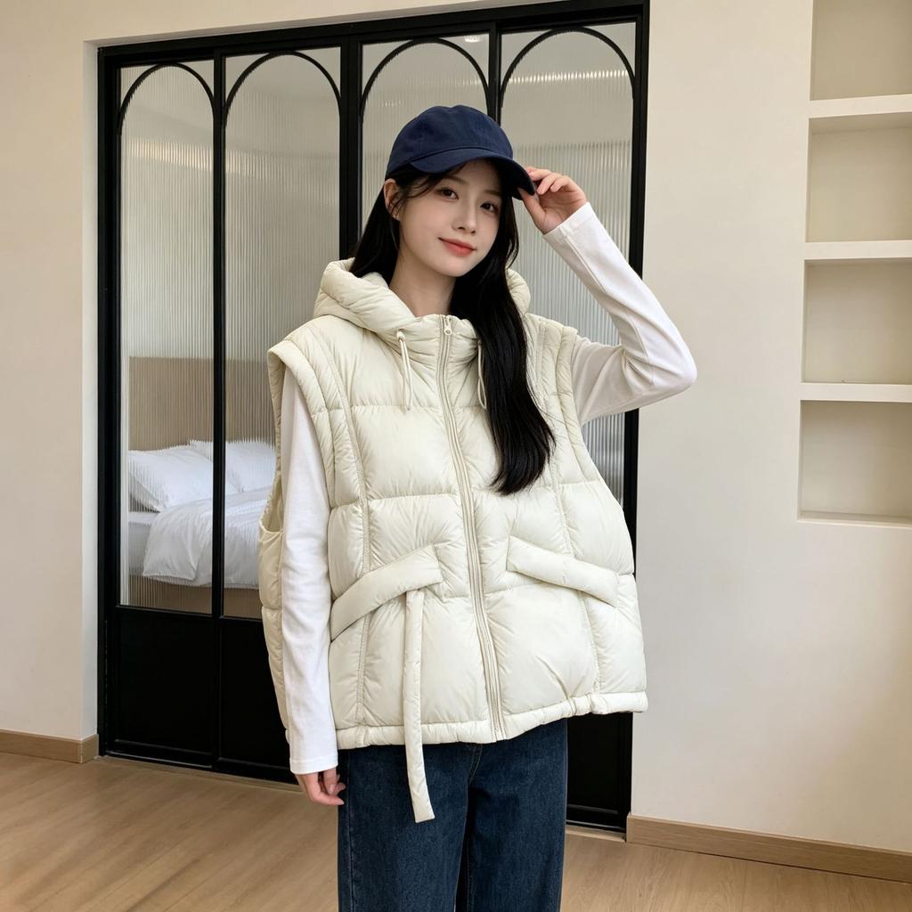 Europe, America, autumn and winter new down cotton vest women's small hooded loose short puff vest cotton vest