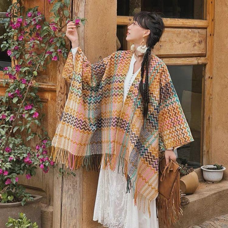 Ethnic Style Wavy Pattern Sleeved Knitted Shawl for Women in Autumn and Winter Thickened and Warm