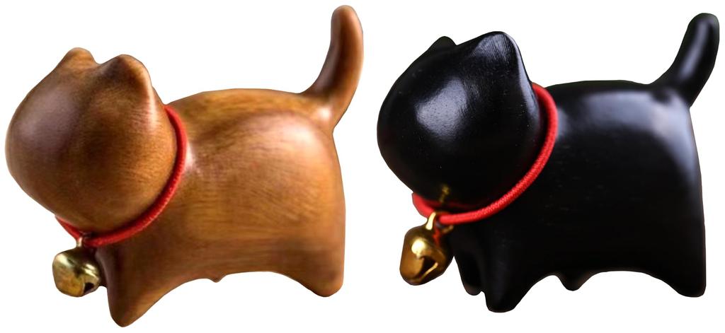 Elrinrin Cat Interior Set of 2 Maneki-neko Figurines, Wooden, Decoration, Gift,