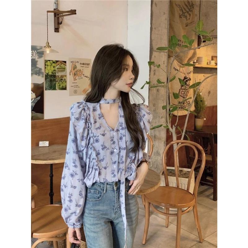 Lace Up Ruffle Edge Floral Shirt Women's Long Sleeve V-neck Female's Single Breaste Blouse French Gentle Lady's Chic Top