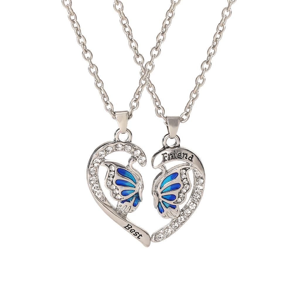 

2Pcs/Set Butterfly Broken Heart Puzzle Best Friends Crystal Necklace Women Girls Friendship BFF Jewelry 45cm