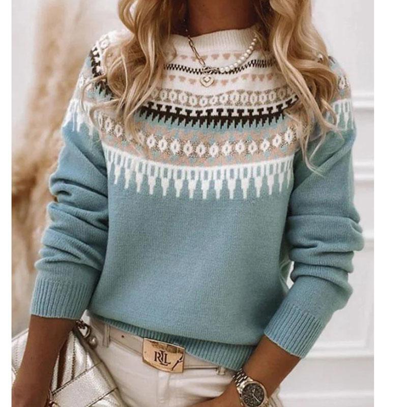 Geometric Print Sweater Women Acrylic Knit Pullover Color Block Fashion Top Loose Fit Round Neck Long Sleeve Casual Comfortable Wear