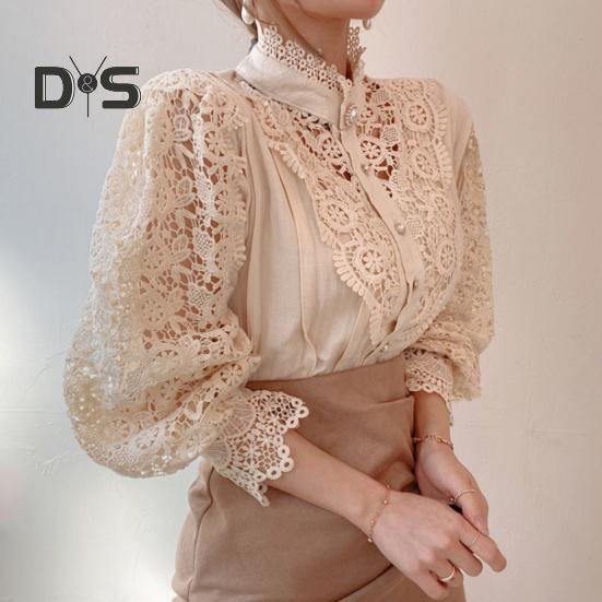 Kadın Gömlek Stand Yaka Fener Uzun Kollu Tek Sıra Gömlek Üstleri İçi Boş Nakış Dantel Düz Renk Üstler